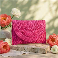 Fashion Culture Eliza woven crochet straw envelope clutch handbag with flap snap closure and slim lined silhouette in vibrant resort inspired colors for vacation and summer styling.