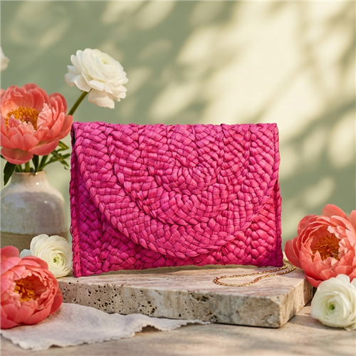 Fashion Culture Eliza woven crochet straw envelope clutch handbag with flap snap closure and slim lined silhouette in vibrant resort inspired colors for vacation and summer styling.