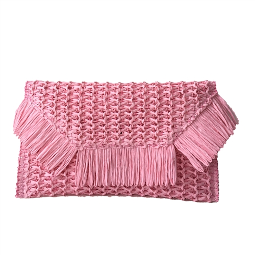 Heidi Fringe Staw Slim Clutch Bag Flamingo Pink