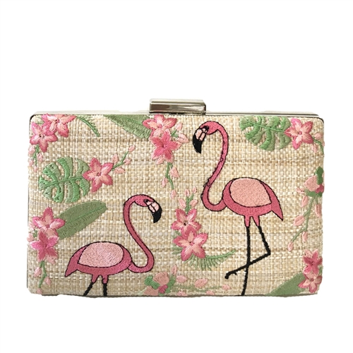 Fashion Culture Flamingo Grove Embroidered Straw Box Clutch Crossbody