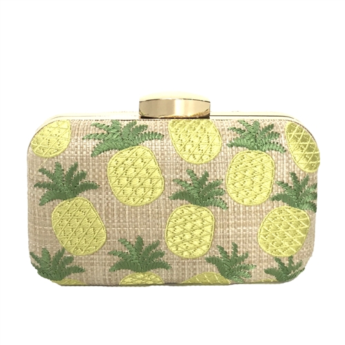 Fashion Culture Pineapple Grove Embroidered Straw Box Clutch Crossbody