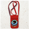 Red Fashion Culture beaded phone crossbody bag with flap closure, striped strap, and colorful light blue, black, white, yellow, and maroon CAVIAR tin inspired motif.