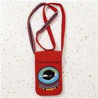 Red Fashion Culture beaded phone crossbody bag with flap closure, striped strap, and colorful light blue, black, white, yellow, and maroon CAVIAR tin inspired motif.