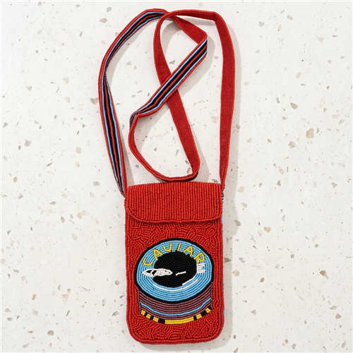 Red Fashion Culture beaded phone crossbody bag with flap closure, striped strap, and colorful light blue, black, white, yellow, and maroon CAVIAR tin inspired motif.