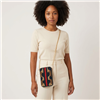 Fashion Culture black, gold, and brown camouflage inspired beaded phone crossbody bag with bold red center stripe and gold tone chain strap.