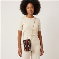 Fashion Culture black, gold, and brown camouflage inspired beaded phone crossbody bag with bold red center stripe and gold tone chain strap.
