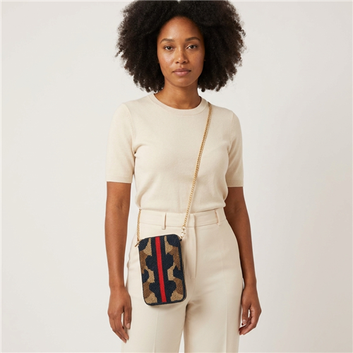 Fashion Culture black, gold, and brown camouflage inspired beaded phone crossbody bag with bold red center stripe and gold tone chain strap.