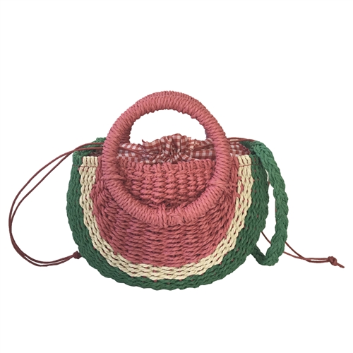 Fashion Culture Fruity Fun woven straw mini crossbody bag in a playful watermelon design featuring wrapped circle handles, a braided crossbody strap, red gingham lining, and a drawstring closure for beach vacations and summer outings.