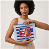 Blue multi waterproof plastic zip pouch measuring 13 x 9 inches with a colorful sardine tin graphic, pink and navy stripes, light blue border, top zipper, and blue zipper pull.