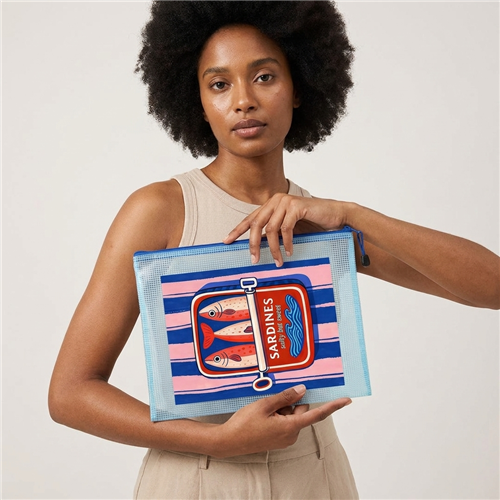 Blue multi waterproof plastic zip pouch measuring 13 x 9 inches with a colorful sardine tin graphic, pink and navy stripes, light blue border, top zipper, and blue zipper pull.
