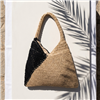 Chic crochet raffia shoulder bag in a natural and black color block design featuring a spacious hobo silhouette with a comfortable shoulder strap for beach vacations, travel, shopping, and everyday summer wear.