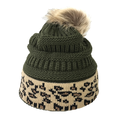 Olive Green Leopard Print Pom Pom Beanie - Women's Warm Winter