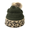 Leopard Trim Pom Pom Knit Beanie Hat