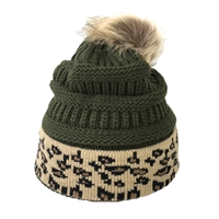 Leopard Trim Pom Pom Knit Beanie Hat