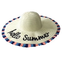 Hello Summer Embroidered Straw Packable Sun Hat