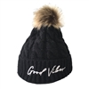 Good Vibes Cable Knit Beanie Hat Faux Fur Pom