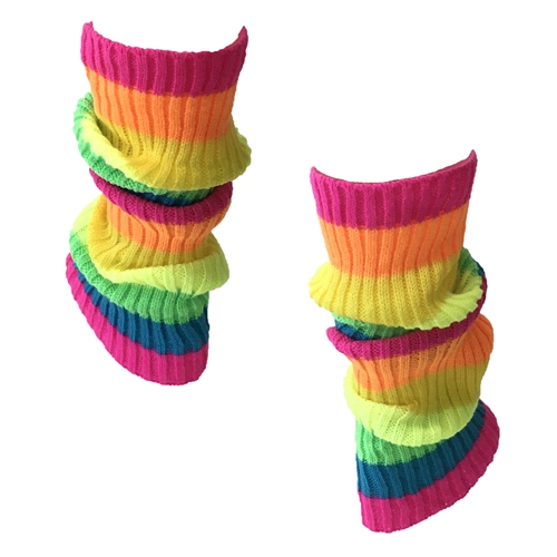 Neon Rainbow Stripes Knit Ribbed Leg Warmers Boot Toppers