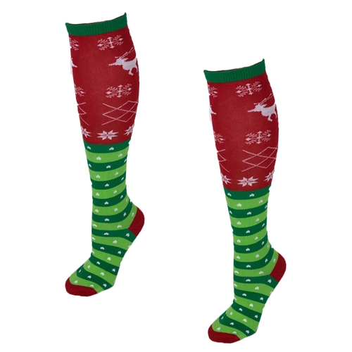 Elf Stripes Festive Reindeer Knit Knee High Socks