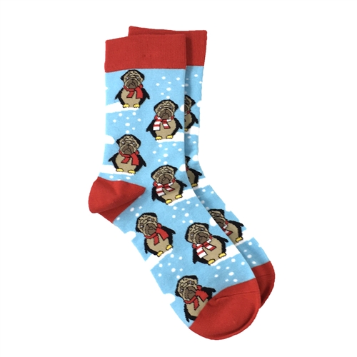 Bundled Up Pug Dog Print Holiday Novelty Crew Socks