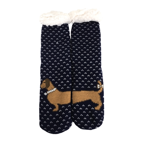 Fancy Dachshund Dog Print Plush Lined Knit Slipper Socks