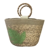 Fashion Culture Embroidered Palm Frond Bamboo Handle Straw Bucket Tote Bag
