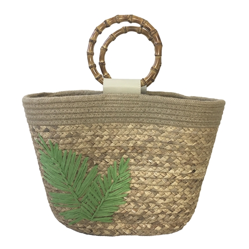 Fashion Culture Embroidered Palm Frond Bamboo Handle Straw Bucket Tote Bag