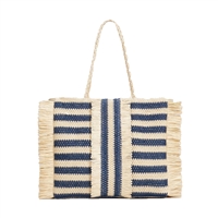 Striped Crocheted Straw Beach Tote Bag with Fringe Trim