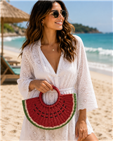 Fashion Culture large woven straw tote bag designed in a watermelon shape with wrapped round handles, multicolor woven detailing, and a spacious interior for beach vacations, resort travel, and summer outings.