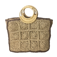 Mimzy Crochet Squares Straw Tote Wood Ring Handle Bag