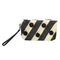 Mariana Diagonal Striped Crocheted Straw Wristlet Clutch Pom Pom
