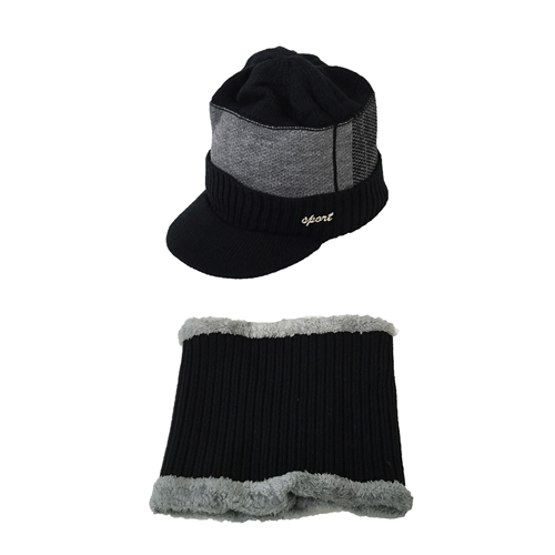Sporty Knit Beanie w Brim Fleece Lined Hat & Neck Warmer Set