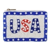 BTC Bamboo Trading Company USA beaded coin purse featuring handcrafted red, white, and blue beadwork with patriotic star accents and zip-top closure. Compact 5 x 3.5 inch pouch designed for coins, cards, cash, earbuds, lip balm, and everyday essentials.