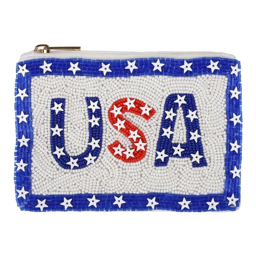 BTC Bamboo Trading Company USA beaded coin purse featuring handcrafted red, white, and blue beadwork with patriotic star accents and zip-top closure. Compact 5 x 3.5 inch pouch designed for coins, cards, cash, earbuds, lip balm, and everyday essentials.