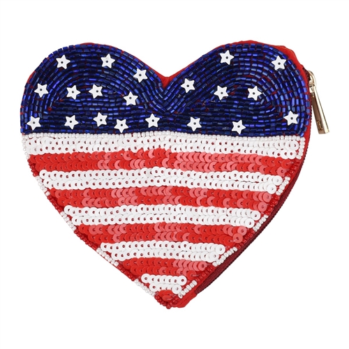 BTC heart-shaped coin purse featuring red, white, and blue American flag inspired beadwork, sequins, and white star accents with zip-top closure. Patriotic accessory designed to hold coins, cash, cards, and small essentials.