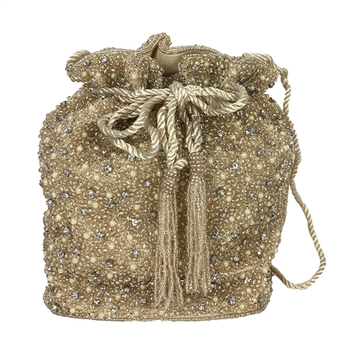 From St Xavier Mini Pearl Crystal Hand Beaded Drawstring Evening Bag