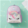 OMG Miss Gwen unicorn backpack in lavender featuring a dimensional unicorn face, rainbow mane, glitter butterflies, floral accents, iridescent horn, adjustable straps, and spacious storage measuring 15.5 inches high by 11.625 inches wide by 5.