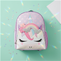 OMG Miss Gwen unicorn backpack in lavender featuring a dimensional unicorn face, rainbow mane, glitter butterflies, floral accents, iridescent horn, adjustable straps, and spacious storage measuring 15.5 inches high by 11.625 inches wide by 5.