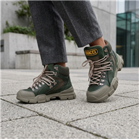 Gucci x SEGA Flashtrek hiking booties in olive green suede and leather featuring chunky oversized soles, hiking laces, signature SEGA logo tongue patch, and luxury designer sneaker styling in Womens Size 35 US 5 New In Box.