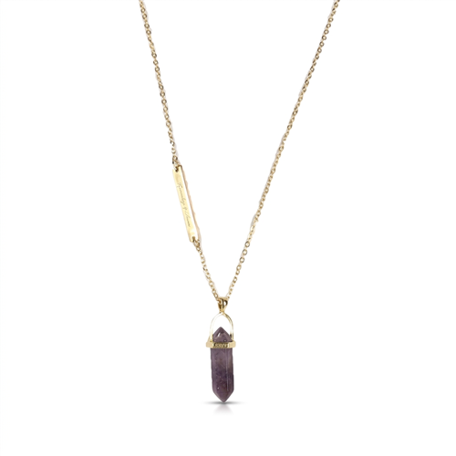 The Bagtique Jewelry Collection long gold tone necklace with a purple quartz point pendant and slim bar inscribed with Humility and Power.