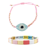 Evil Eye Glass Charm Slider Bracelet & Color Block Bars Stretch Bracelet