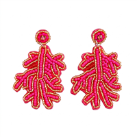 Hot pink coral shaped statement earrings featuring intricate seed bead embroidery with gold bead accents, post back closure, and tropical coastal inspired design from The Bagtique Jewelry Collection.