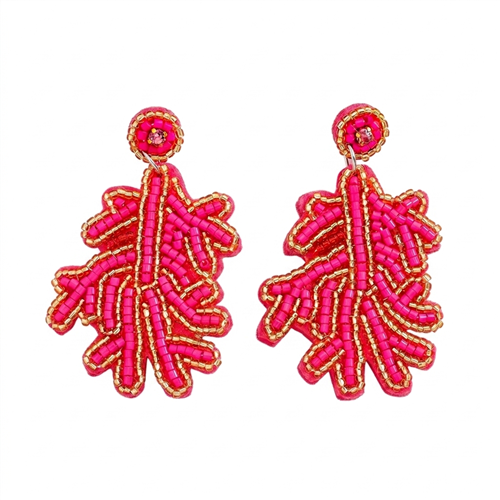 Hot pink coral shaped statement earrings featuring intricate seed bead embroidery with gold bead accents, post back closure, and tropical coastal inspired design from The Bagtique Jewelry Collection.