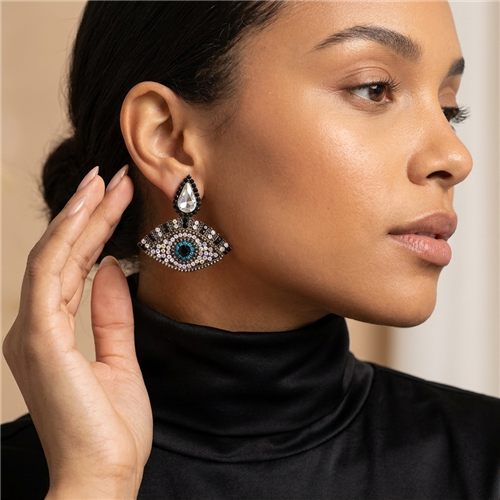 The Bagtique Jewelry Collection Elen Evil Eye Crystal Drop Earrings feature black, clear, iridescent, and turquoise crystal accents in a sparkling 1.6 inch statement design.