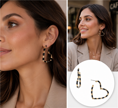 Nellie Striped Heart Hoop Earring Womens Gold Black Heart Hoop Earrings Striped Enamel Statement Fashion Jewelry with Post Back Closure