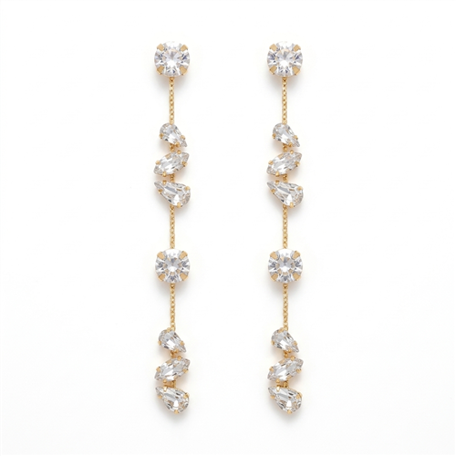 Long gold tone crystal cascade drop earrings with round, teardrop, and marquise inspired clear crystals in an elegant 3.75 inch linear silhouette.