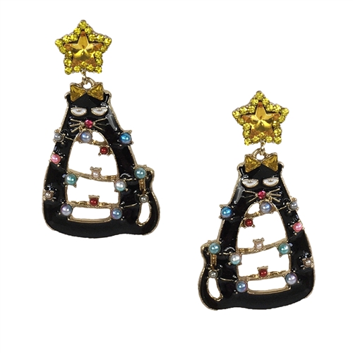 Meowy Black Cat Tangled in Christmas Lights Statement Earrings