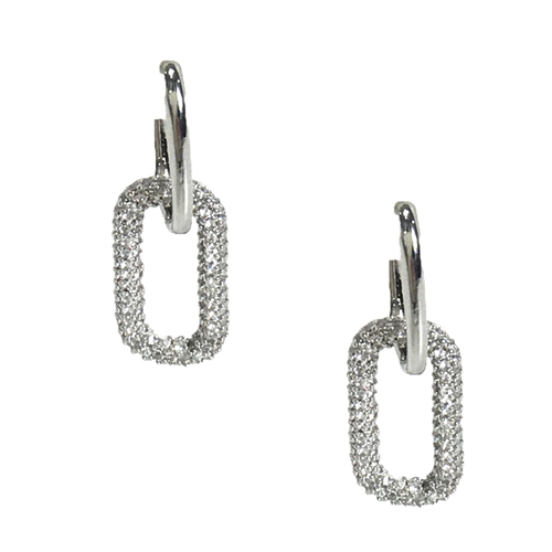The Bagtique Jewelry Collection Abagail silver tone double link drop earrings with polished upper hoops and rectangular lower links embellished with pave glass crystals