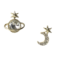 Celestial Moon & Plant Pave Mismatch Stud Earrings, Gold