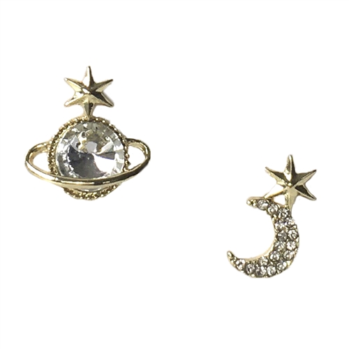 Celestial Moon & Plant Pave Mismatch Stud Earrings, Gold