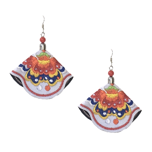 Jewelry Collection Otomi Floral Art Embroidered Fan Drop Earrings, Multicolored